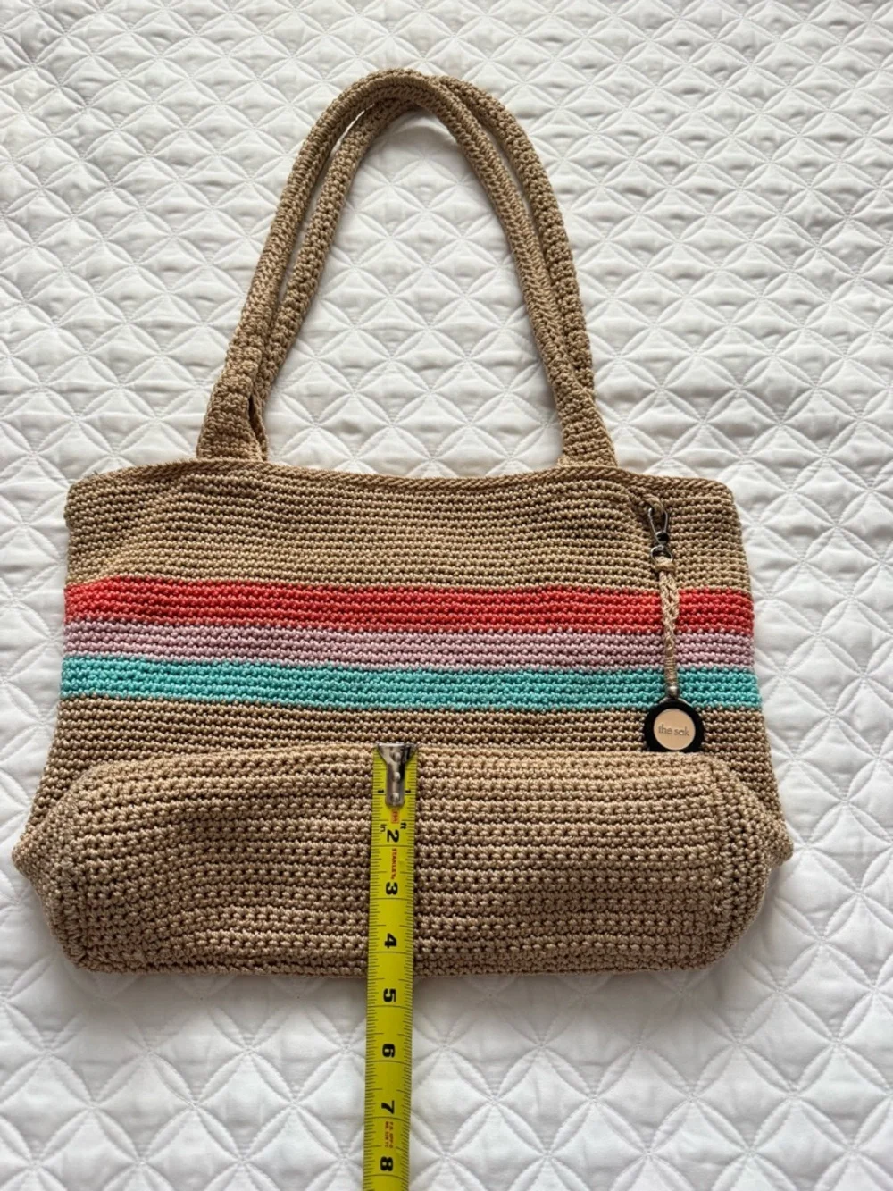 The Sak Crochet Shoulder Tote Bag Purse Zip Top Tan Coral Blue Pink Stripes